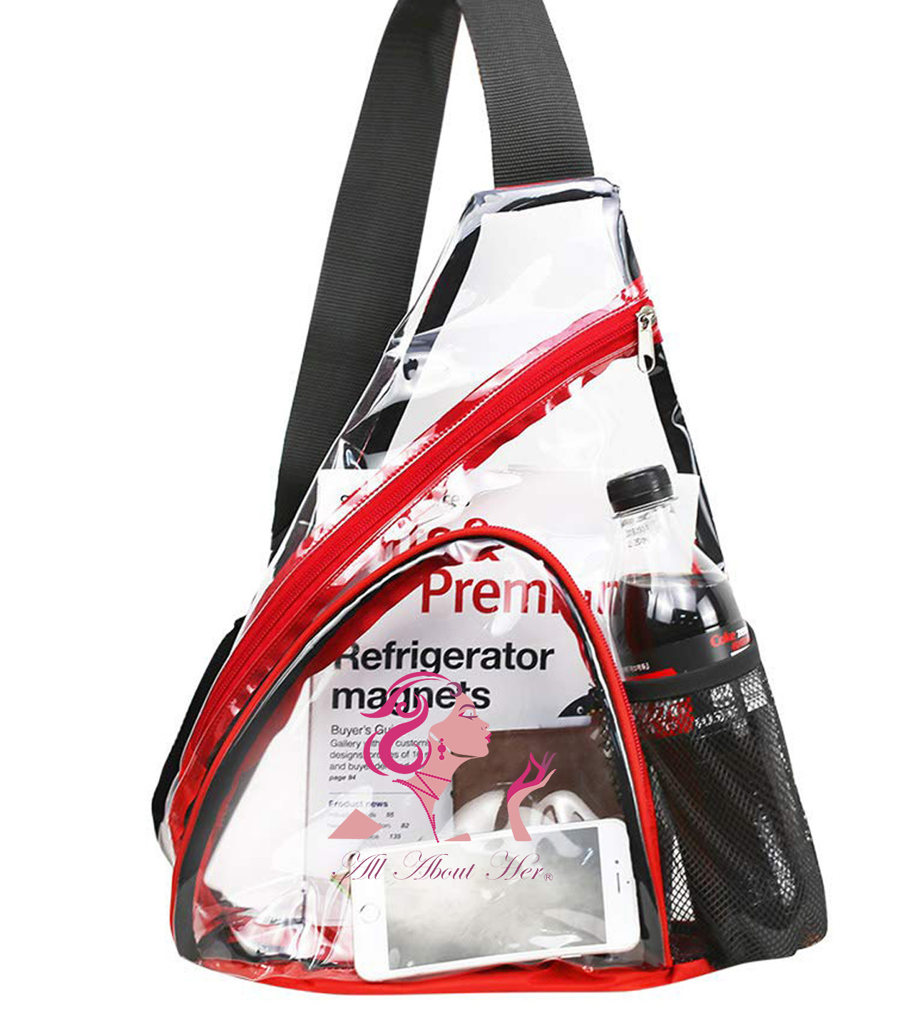 All About Her® Clear PVC Sling Bag - Stadium Approved See Through Shoulder Crossbody Backpack